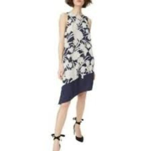 CLUB MONACO NAVY GREY FLORAL SILK BLEND SLEEVELESS ASYMMETRICAL DRESS - 2 - Picture 1 of 12